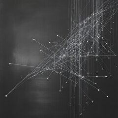 An abstract minimalist interpretation of a blockchain — a series of thin, straight lines in white and silver, intersecting at subtle angles on a dark gray canvas. High quality photo