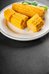 Corn cob boiled snack vegetables fresh tasty gourmet food background on the table rustic food top view copy space keto and paleo diet vegetarian and vegan food