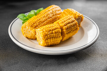 Corn cob boiled snack vegetables fresh tasty gourmet food background on the table rustic food top view copy space keto and paleo diet vegetarian and vegan food