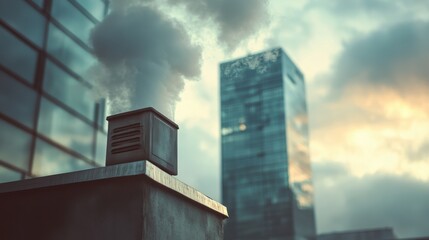 Soft clouds of smoke rise from a rooftop vent against the backdrop of modern skyscrapers and a cloudy sky at dusk in an urban environment