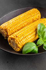 Corn cob boiled snack vegetables fresh tasty gourmet food background on the table rustic food top view copy space keto and paleo diet vegetarian and vegan food
