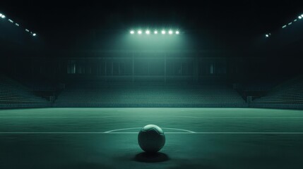 Spotlight illuminates a soccer ball on the pristine center field of an empty stadium, creating a captivating contrast against the shadows of the darkened seating area