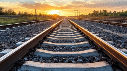 Fototapeta premium Sunset glow reflecting on railway tracks as an industrial train moves slowly through a vibrant landscape filled with golden light and elongated shadows