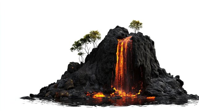  Fiery lava waterfall flows from a mountain on a small island, isolated on a white background. Cutout perfect for volcanic and dramatic themes.