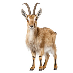 A light brown chamois with horns stands proudly on a stark white background.