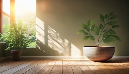 a large bowl sits on a wooden floor next to a potted plant the bowl is empty and the plant is full of green leaves the scene is peaceful and calming with the sunlight shining through the window