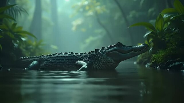Crocodile in misty jungle river