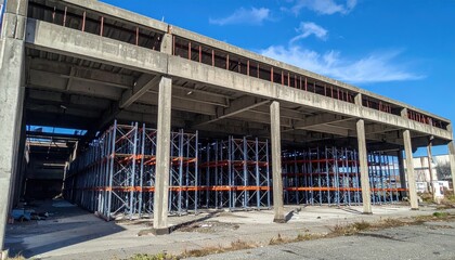 Abandoned Cold Storage Facility with Pallet Racking in Harsh Sun
