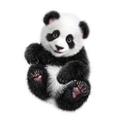 Fototapeta premium A baby panda sits with its paws in front, displaying a playful demeanor. Its fur is a mix of black and white, and it looks curiously at its surroundings, exuding charm