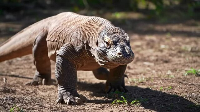 Komodo dragon walking across the ground