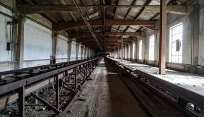 Abandoned Grain Silo Interior with Conveyor Belts and Ambient Lighting