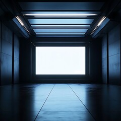 Futuristic Empty Hallway with Glowing LED Screen and Reflections in Dark Interior

