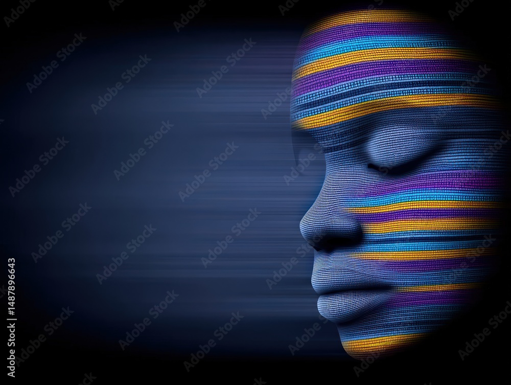 Poster an artistic representation of a contemplative individual with vibrant colored lines across the face 