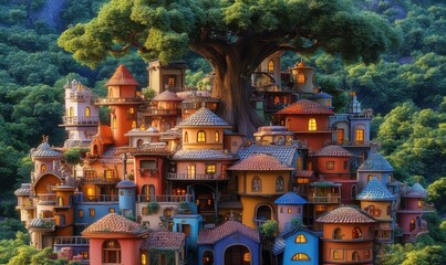 Fototapeta premium Enchanting Hilltop Village nestled in lush forest at twilight