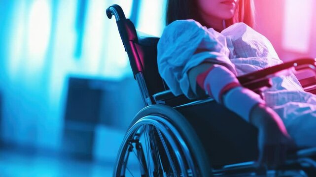 A person in a wheelchair with a leg cast, suitable for medical or rehabilitation themes