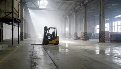 Naklejka premium Misty Antique Warehouse with Automated Forklifts and Light Rays