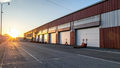 Fototapeta premium Antique Warehouse Exterior at Dawn with Pallet Jacks in View