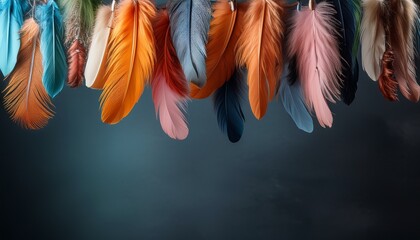 multicolored feathers hang from above on a dark background with copy space