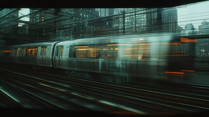 Obraz premium A highly realistic photograph of a train speeding through an urban landscape. The train appears mostly real--metallic, detailed, and modern--but something is off: its shape is slightly stretched, the