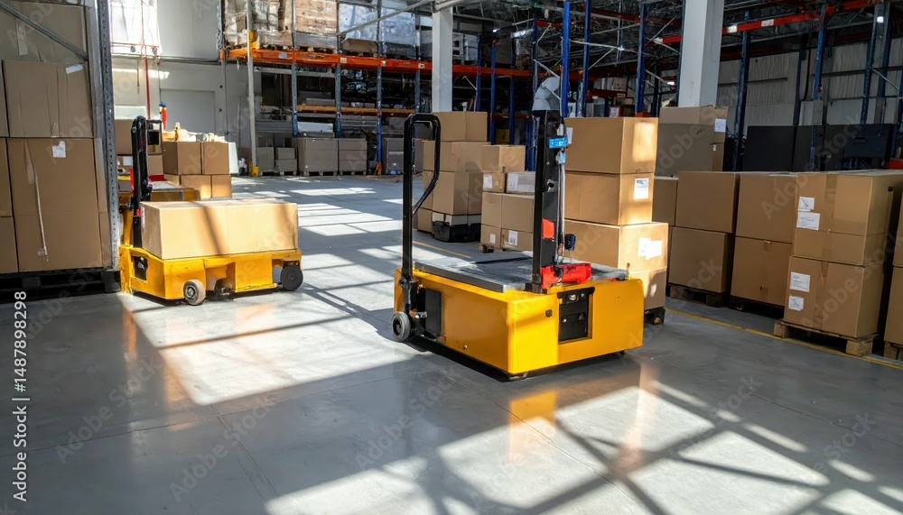 Aufkleber automated cargo handling in warehouse with robotic pickers and shadows