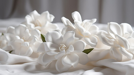 Elegant white flowers arranged on soft fabric, creating a serene and calming atmosphere