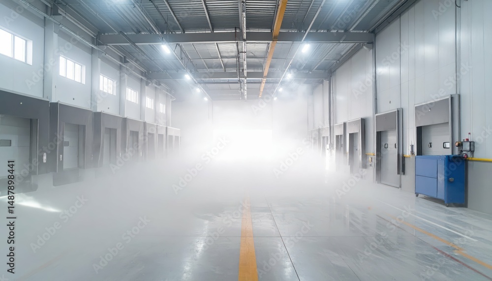 Poster automated cold storage facility with loading docks and dust