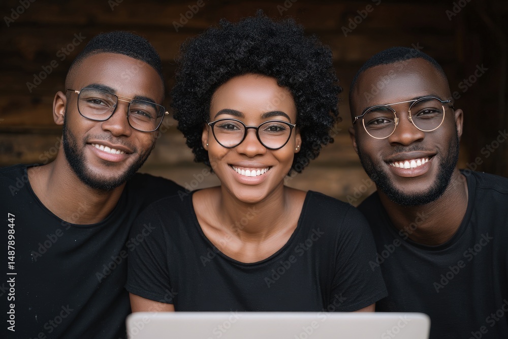 Aufkleber three smiling friends displaying unity and joy while sharing a digital workspace in a cozy environme