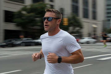 Runner dashes through city streets during a vibrant urban race amidst blurred surroundings