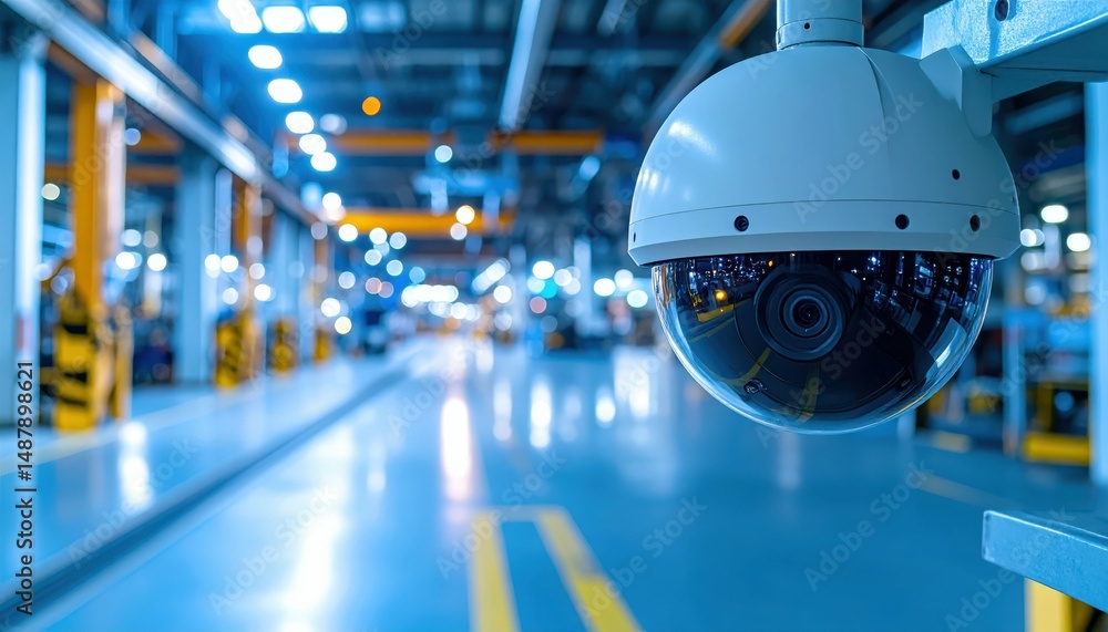 Poster automated security camera in modern dock facility with ambient lighting