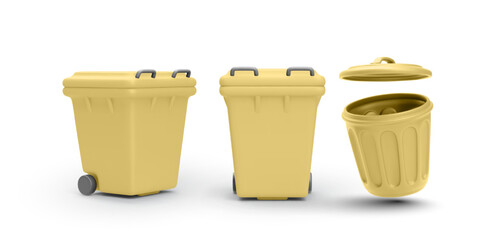 Yellow Trash Bins and Waste Container in Multiple Angles. Clean 3d Plastic Recycling and Garbage Can Concept for Eco and Urban Design Projects. Vector Illustration
