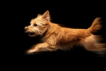 Running dog captured in a moment of unrestrained joy on a dark backdrop, showcasing blurred legs in motion