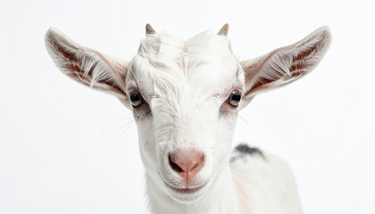 Fototapeta premium Adorable white baby goat posing on white background