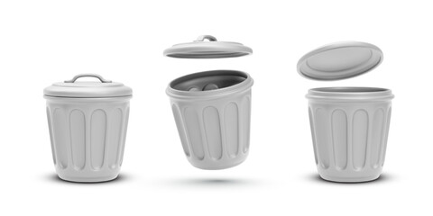 3d White Trash Bin With Lid in Motion. Clean Plastic Garbage Container for E-Waste or General Sorting. Minimal Realistic Style with Shadow Effect. Vector Illustration