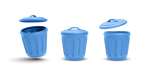 Blue Trash Bin With Lid In Different Positions. Minimal 3D Waste Container For Garbage Sorting, Recycling Concepts And Clean Environment Design Projects. Vector Illustration