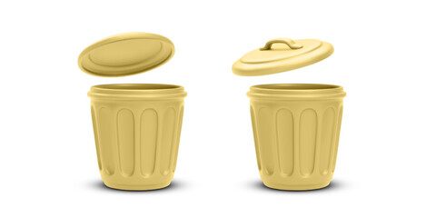 Yellow Trash Bin With Lid Floating Above. Minimal Clean Garbage Container For Waste Sorting, Plastic Recycling, Or Eco Campaign Materials. Vector Illustration