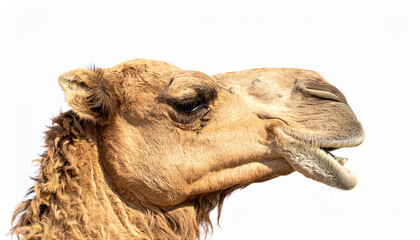 Obraz premium Dromedary camel showing teeth and looking right on white background