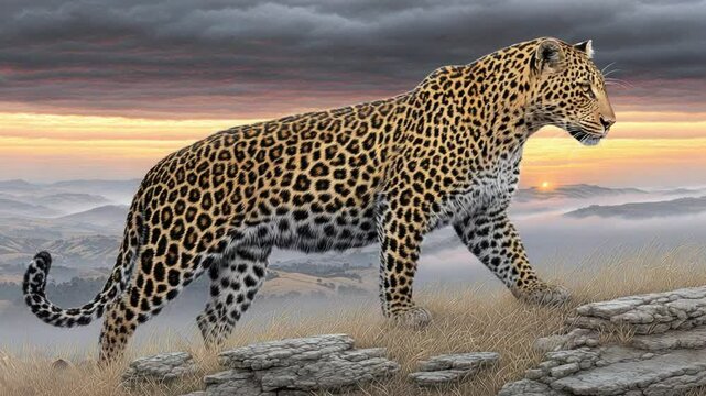 Majestic Leopard Standing on Rocky Outcrop with Scenic Sunrise and Dramatic Sky in the Background