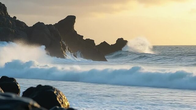 Raging sea in the morning at dawn Waves roll on the rocky shore Spray soars into the sky
