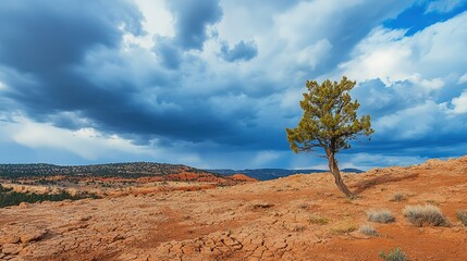 Lone tree standing resiliently in an arid, cracked earth landscape under a cloudy sky, symbolizing the climate change concept.