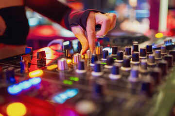 A DJ's hand adjusting knobs on a mixing console, surrounded by vibrant lights, capturing the energy...