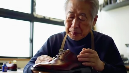 Expert craftsmanship shines as a skilled artisan restores a vintage shoe in a cozy workshop