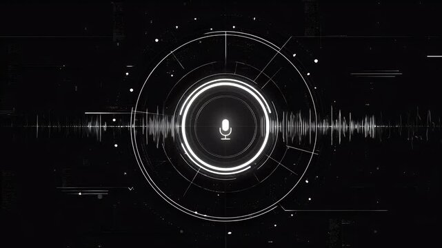 Black and white circular waveform interface with microphone icon in the center, ideal for podcast, AI voice, or virtual assistant projects.

