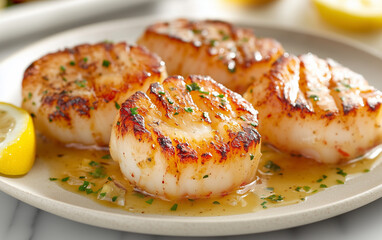 Seared Scallops with Lemon Butter Sauce, Gourmet Seafood Dish Close-up