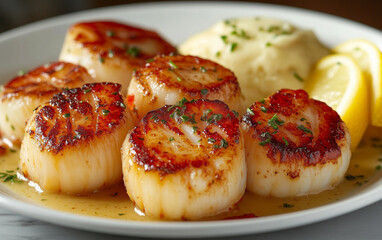 Seared Scallops with Mashed Potatoes and Lemon Wedges on a White Plate