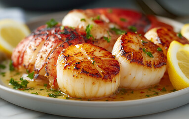 Seared Scallops and Lobster Tail with Lemon Butter Sauce, Gourmet Seafood Dish
