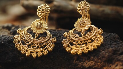 Close-up of ornate gold earrings with floral and crescent moon designs, resting on dark wood.