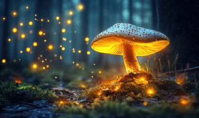 Glowing mushroom in enchanted forest at night; fantasy art