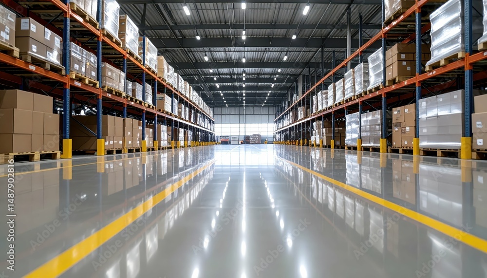 Poster stacked pallets in a spacious distribution center with reflective floor