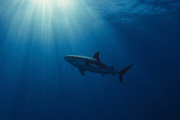 Naklejka premium Shark gliding through deep blue waters illuminated by sunbeams in a tranquil aquatic environment