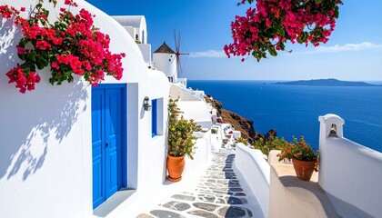 Coastal Village Path with Bougainvillea Blooms